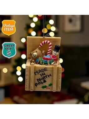 Open Toy Crate Christmas Ornament North Pole Box Candy Cane Solider Teddy Bear.